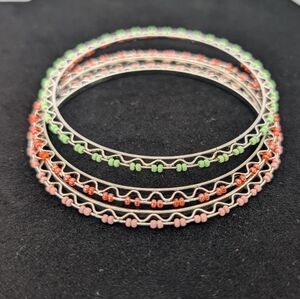 Bundle of 3 Bangle Bracelets Silver Beaded Colorful Bracelets